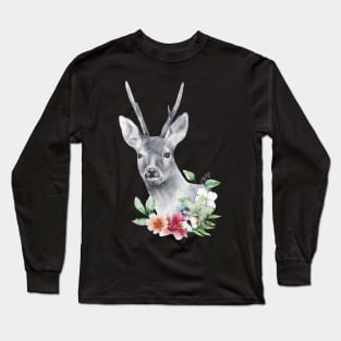 Wild Deer Roa Doe Elk Spirit Floral Head Wildlife Rescue Long Sleeve T-Shirt